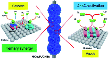 Graphical abstract: Ultrathin NiCo2Px nanosheets strongly coupled with CNTs as efficient and robust electrocatalysts for overall water splitting