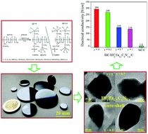 Graphical abstract: SiC/HfyTa1−yCxN1−x/C ceramic nanocomposites with HfyTa1−yCxN1−x-carbon core–shell nanostructure and the influence of the carbon-shell thickness on electrical properties