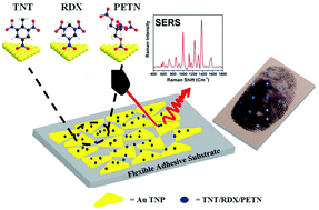 Graphical abstract: Fabrication of a self-assembled and flexible SERS nanosensor for explosive detection at parts-per-quadrillion levels from fingerprints