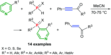Graphical abstract: Metal-free site selective cross-coupling of pyridines with secondary phosphine chalcogenides using acylacetylenes as oxidants