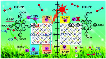 Graphical abstract: Visible-light-driven CO2 photoreduction over ZnxCd1−xS solid solution coupling with tetra(4-carboxyphenyl)porphyrin iron(iii) chloride