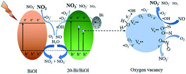 Graphical abstract: Superior NOx photocatalytic removal over hybrid hierarchical Bi/BiOI with high non-NO2 selectivity: synergistic effect of oxygen vacancies and bismuth nanoparticles