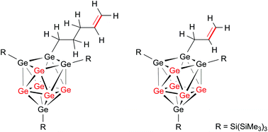 Graphical abstract: Synthesis of low-oxidation-state germanium clusters comprising a functional anchor group – synthesis and characterization of [(Ge0)5(Ge-R)3(Ge-(CH2)n-CH [[double bond, length as m-dash]] CH2)] with R = Si(SiMe3)3