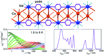 Graphical abstract: Hybrid organic–inorganic connectivity of NdIII(pyrazine-N,N′-dioxide)[CoIII(CN)6]3− coordination chains for creating near-infrared emissive Nd(iii) showing field-induced slow magnetic relaxation