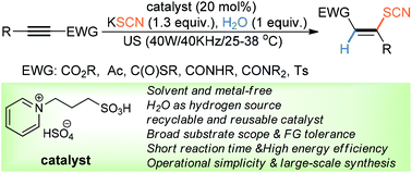 Graphical abstract: Ultrasound-promoted Brønsted acid ionic liquid-catalyzed hydrothiocyanation of activated alkynes under minimal solvent conditions