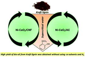 Graphical abstract: Effect of carbon-based materials and CeO2 on Ni catalysts for Kraft lignin liquefaction in supercritical water