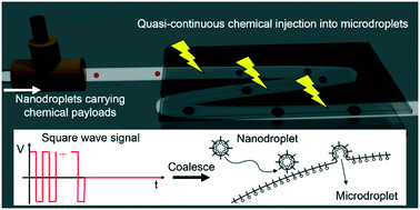 Graphical abstract: Electrically controlled mass transport into microfluidic droplets from nanodroplet carriers with application in controlled nanoparticle flow synthesis