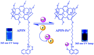 Graphical abstract: Novel 2-(hydroxy)-naphthyl imino functionalized pillar[5]arene: a highly efficient supramolecular sensor for tandem fluorescence detection of Fe3+ and F− and the facile separation of Fe3+