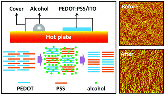 Graphical abstract: Alcohol based vapor annealing of a poly(3,4-ethylenedioxythiophene):poly(styrenesulfonate) layer for performance improvement of inverted perovskite solar cells