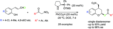 Graphical abstract: Organocatalytic asymmetric Michael/hemiacetalization/acyl transfer reaction of α-nitroketones with o-hydroxycinnamaldehydes: synthesis of 2,4-disubstituted chromans