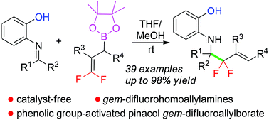 Graphical abstract: Neighboring phenolic group-activated gem-difluoroallylboration of imines for the catalyst-free synthesis of gem-difluorohomoallylamines