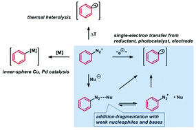 Graphical abstract: Aromatic substitutions of arenediazonium salts via metal catalysis, single electron transfer, and weak base mediation