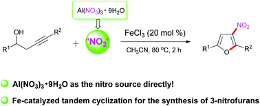 Graphical abstract: Fe-Catalyzed tandem cyclization for the synthesis of 3-nitrofurans from homopropargylic alcohols and Al(NO3)3·9H2O