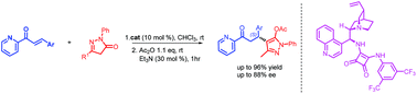 Graphical abstract: Enantioselective 1,4-Michael addition reaction of pyrazolin-5-one derivatives with 2-enoylpyridines catalyzed by Cinchona derived squaramides
