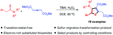 Graphical abstract: Thio-Michael addition of thioamides and allenes for the selective construction of polysubstituted 2-arylthiophenes via TBAI/H2O2 promoted tandem oxidative annulation and 1,2-sulfur migration
