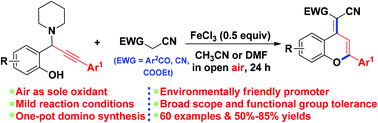 Graphical abstract: FeCl3-promoted tandem 1,4-conjugate addition/6-endo-dig cyclization/oxidation of propargylamines and benzoylacetonitriles/malononitriles: direct access to functionalized 2-aryl-4H-chromenes
