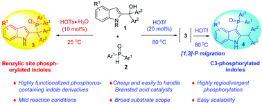 Graphical abstract: Brønsted acid-catalysed regiodivergent phosphorylation of 2-indolylmethanols to synthesize benzylic site or C3-phosphorylated indole derivatives