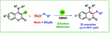 Graphical abstract: Transition-metal-free KI-catalyzed regioselective sulfenylation of 4-anilinocoumarins using Bunte salts
