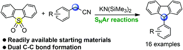 Graphical abstract: KHMDS mediated synthesis of 9-arylfluorenes from dibenzothiophene dioxides and arylacetonitriles by tandem SNAr-decyanation-based arylation