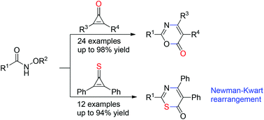 Graphical abstract: Base-promoted [3 + 3] cyclization of cyclopropenones and cyclopropenethiones with amides for the synthesis of 6H-1,3-oxazin-6-ones and 6H-1,3-thiazin-6-ones