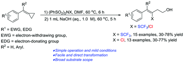 Graphical abstract: A facile method for the synthesis of trifluoromethylthio-/chloro-homoallylic alcohols from methylenecyclopropanes