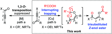 Graphical abstract: Cu(i)-Catalyzed stereoselective synthesis of trisubstituted Z-enol esters via interrupting the 1,3-O-transposition reaction