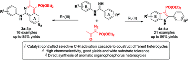 Graphical abstract: Highly selective C–H bond activation of N-arylbenzimidamide and divergent couplings with diazophosphonate compounds: a catalyst-controlled selective synthetic strategy for 3-phosphorylindoles and 4-phosphorylisoquinolines