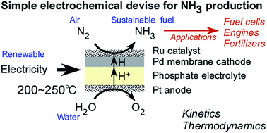Graphical abstract: Electrochemical membrane cell for NH3 synthesis from N2 and H2O by electrolysis at 200 to 250 °C using a Ru catalyst, hydrogen-permeable Pd membrane and phosphate-based electrolyte
