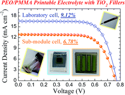 Graphical abstract: Highly efficient quasi-solid-state dye-sensitized solar cells using polyethylene oxide (PEO) and poly(methyl methacrylate) (PMMA)-based printable electrolytes