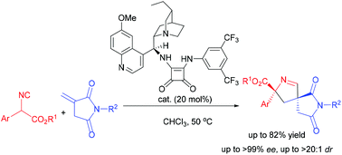 Graphical abstract: Organocatalyzed asymmetric formal [3 + 2] cycloaddition of isocyanoacetates with N-itaconimides: facile access to optically active spiropyrroline succinimide derivatives
