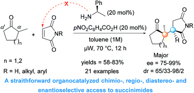 Graphical abstract: Straightforward access to densely substituted chiral succinimides through enantioselective organocatalyzed Michael addition of α-alkyl-cyclic ketones to maleimides