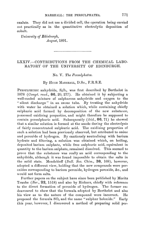 LXXIV.—Contributions from the Chemical Laboratory of the University of Edinburgh. No. V. The persulphates