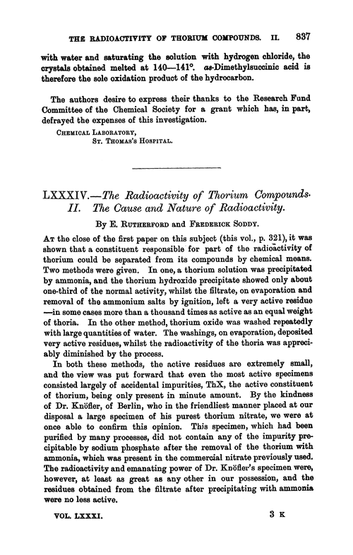 LXXXIV.—The radioactivity of thorium compounds. II. The cause and nature of radioactivity