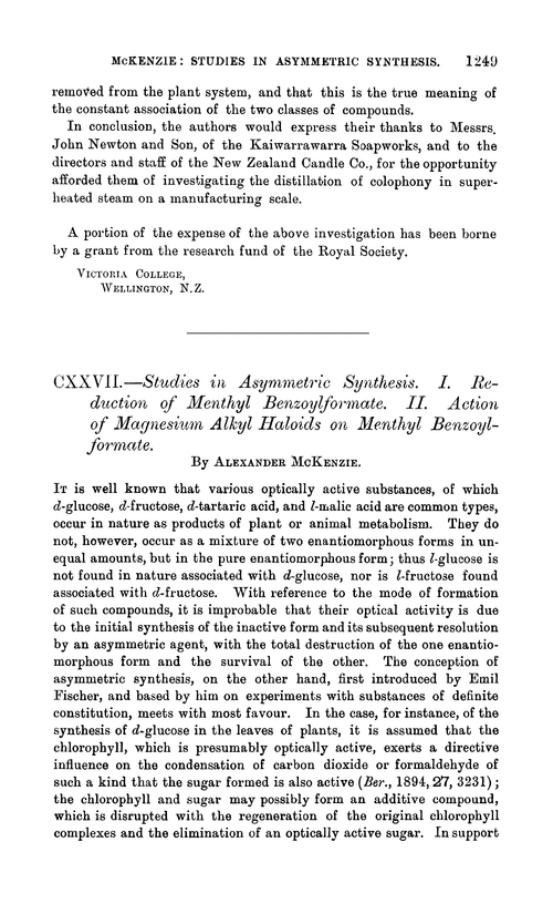 CXXVII.—Studies in asymmetric synthesis. I. Reduction of menthyl benzoylformate. II. Action of magnesium alkyl haloids on menthyl benzoylformate