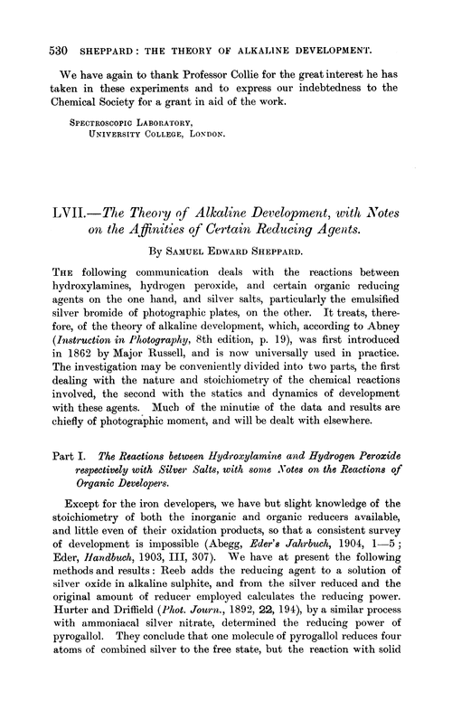 LVII.—The theory of alkaline development, with notes on the affinities of certain reducing agents