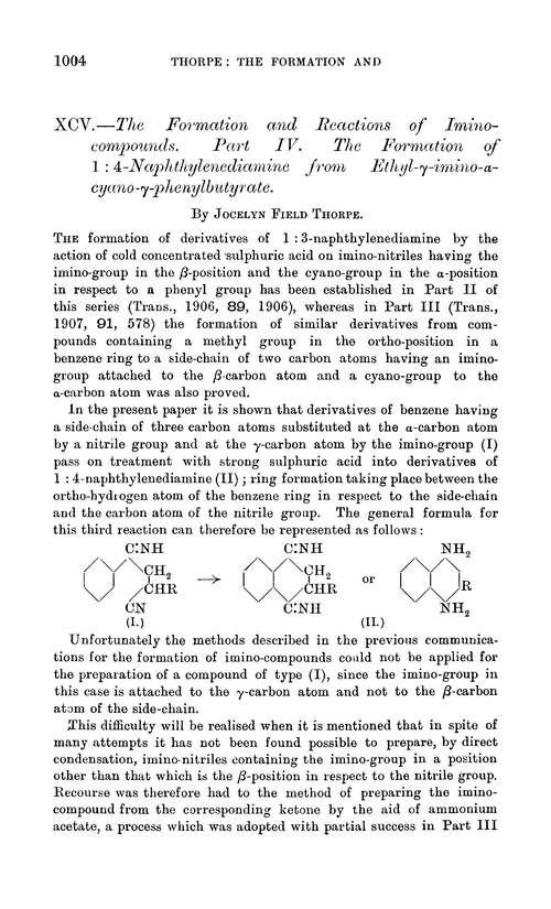 XCV.—The formation and reactions of imino-compounds. Part IV. The formation of 1 : 4-naphthylenediamine from ethyl-γ-imino-α-cyano-γ-phenylbutyrate