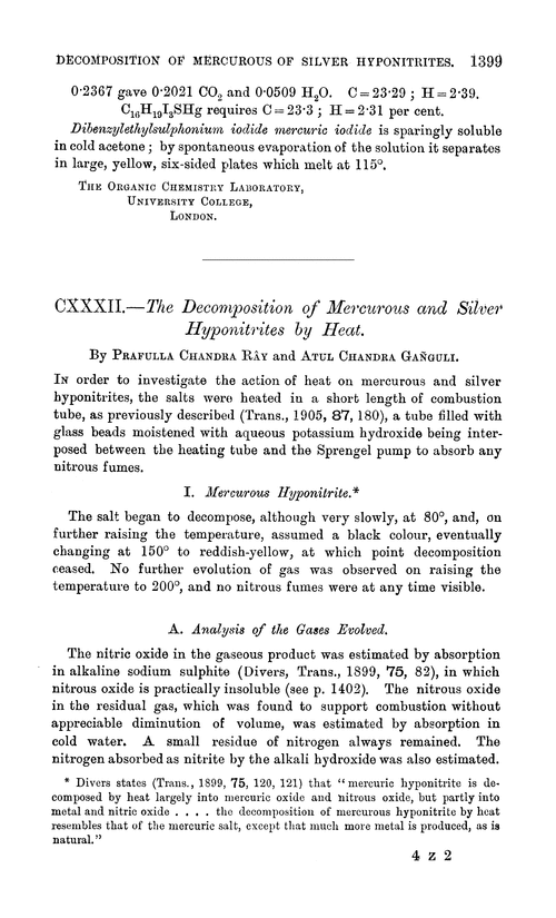 CXXXII.—The decomposition of mercurous and silver hyponitrites by heat