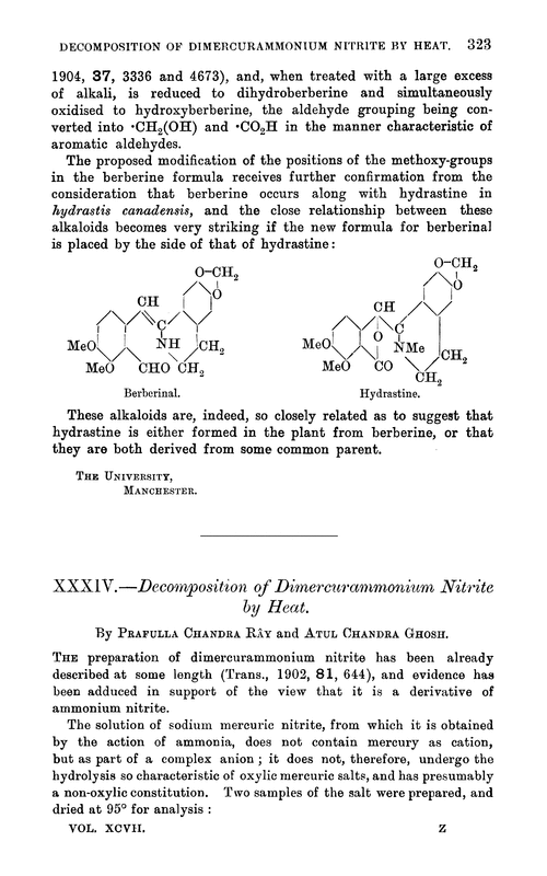 XXXIV.—Decomposition of dimercurammonium nitrite by heat