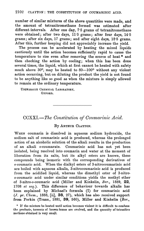 CCXXI.—The constitution of coumarinic acid