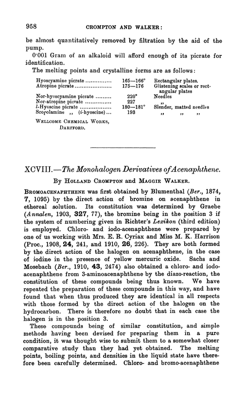 XCVIII.—The monohalogen derivatives of acenaphthene