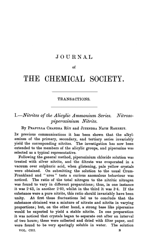 I.—Nitrites of the alicylic ammonium series. Nitrosopiperazinium nitrite