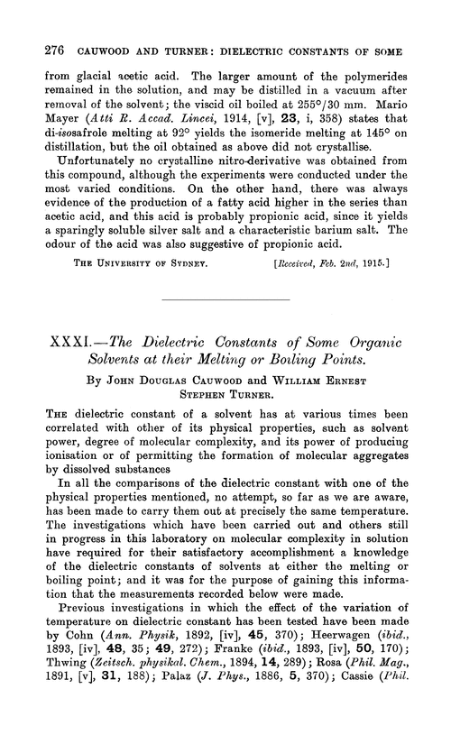 XXXI.—The dielectric constants of some organic solvents at their melting or boiling points