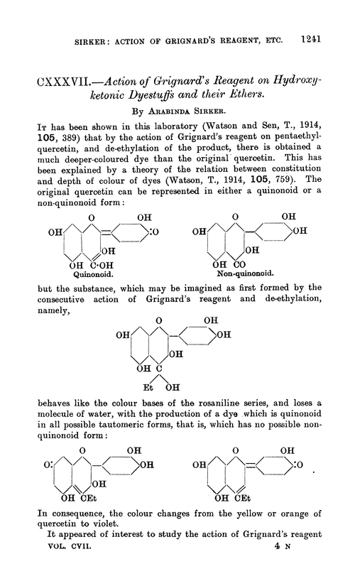 CXXXVII.—Action of Grignard's reagent on hydroxyketonic dyestuffs and their ethers