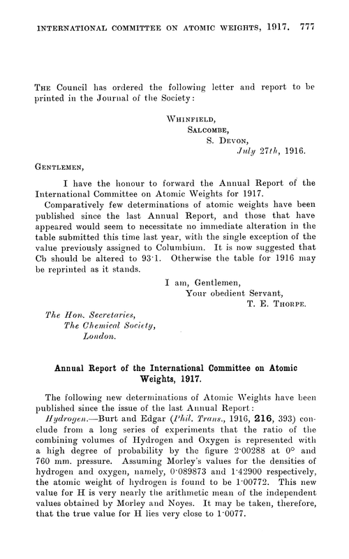 Annual Report of the International Committee on Atomic Weights, 1917