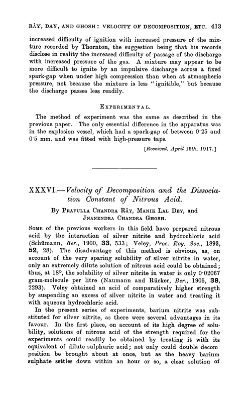 XXXVI.—Velocity of decomposition and the dissociation constant of nitrous acid