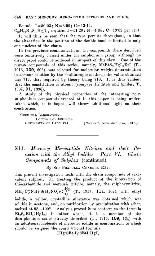 XLI.—Mercury mercaptide nitrites and their reaction with the alkyl iodides. Part VI. Chain compounds of sulphur (continued)
