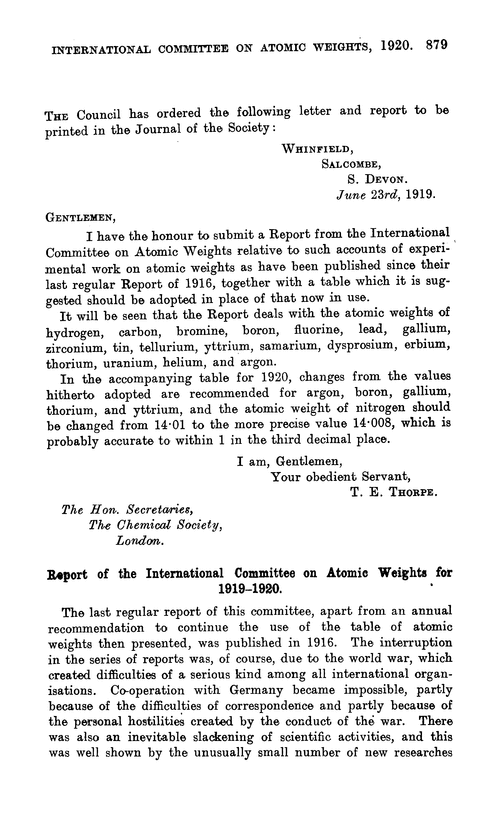 Report of the International Committee on Atomic Weights for 1919–1920