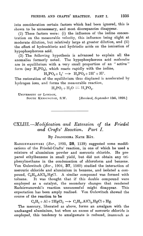 CXLIII.—Modification and extension of the Friedel and Crafts' reaction. Part I