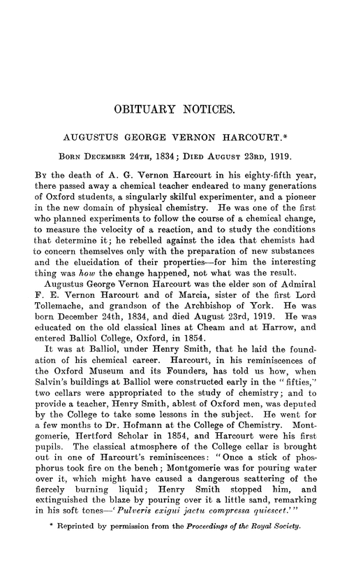 Obituary notices: Augustus George Vernon Harcourt, 1834–1919; Lucius Trant O’Shea, 1858–1920; James Emerson Reynolds, 1844–1920; Watson Smith, 1845–1920; Alfred Werner, 1866–1919