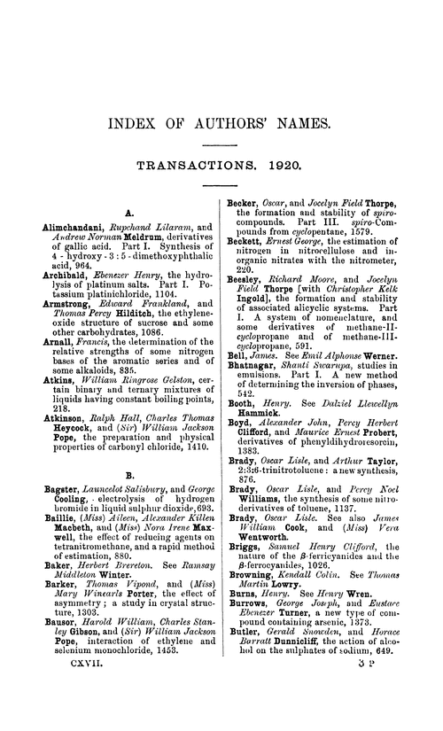 Index of authors' names, 1920